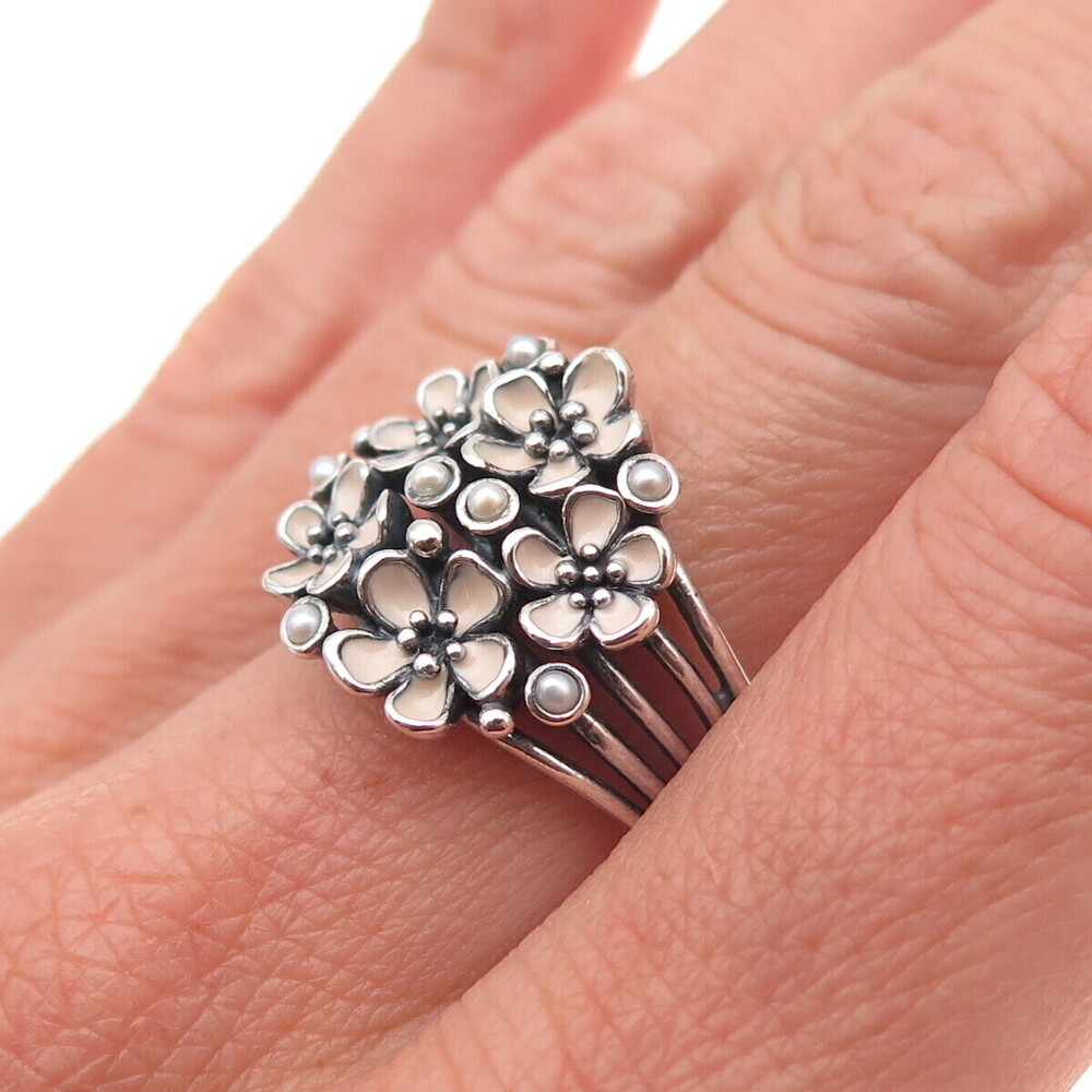 Pandora Sterling Silver Enamel Real Pearl Cherry Blossom Bouquet Ring Size 7.75 - Picture 2 of 8